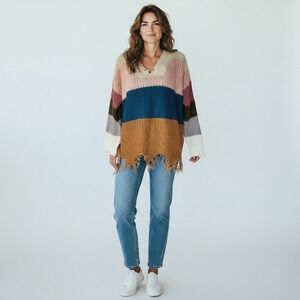 Pink Lily Open Weave Striped Chunky Sweater NWT Small